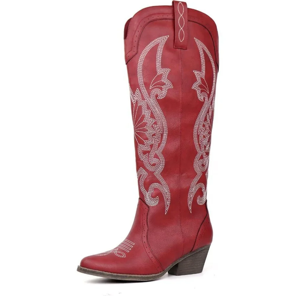 Women's Red Faux Leather Pointed Toe and Block Heel Classic Embroidered Boot